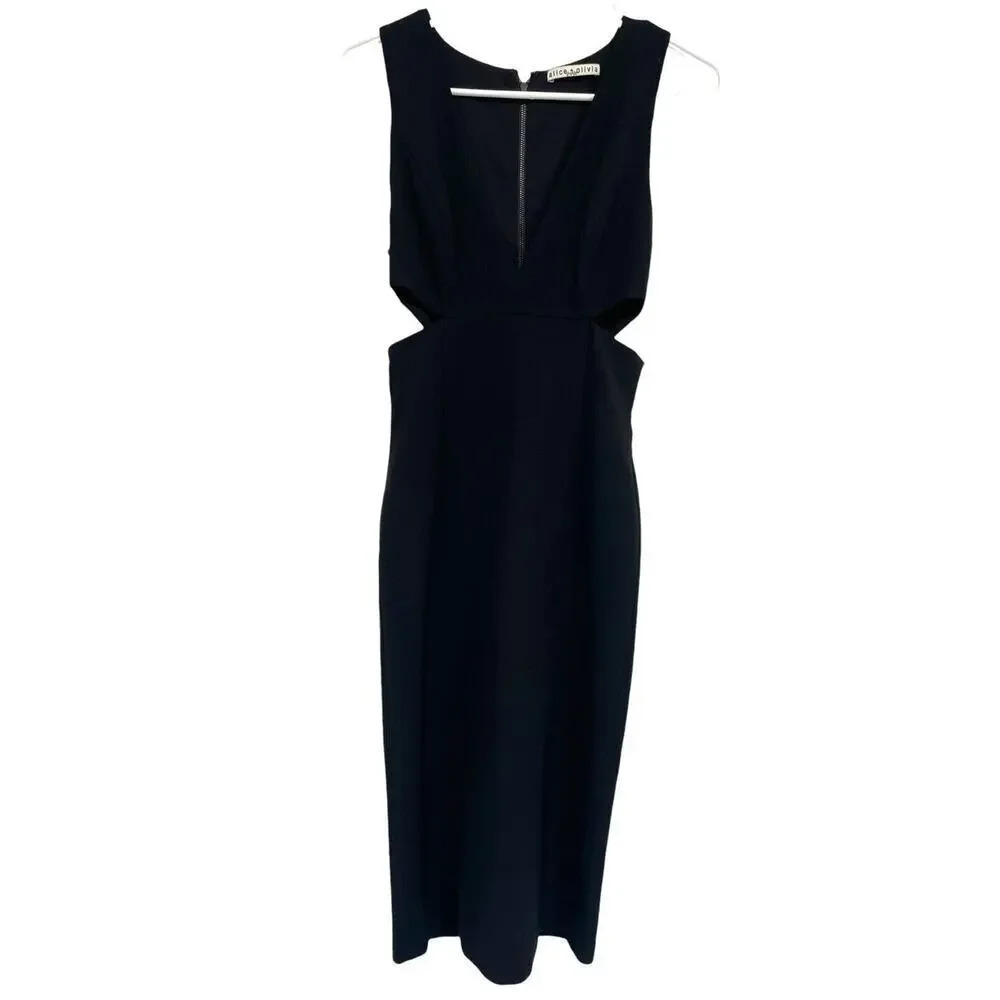 Alice + Olivia Black Cutout Detail Plunge Neck Riki Sheath Midi Dress XS